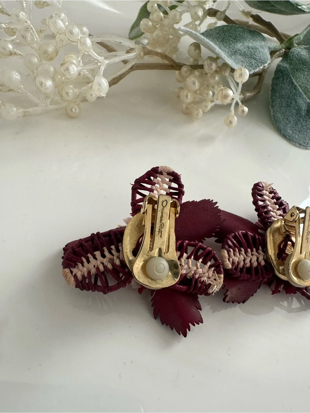 Oscar de la Renta Tropical Flower Earrings Burgundy Red Clip On